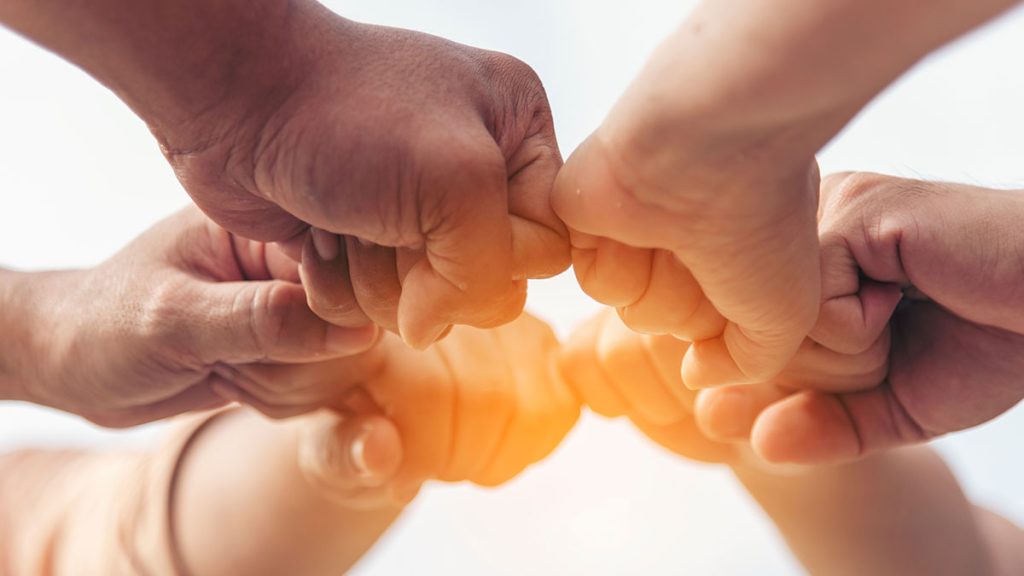 Group of hands together in a fist bump