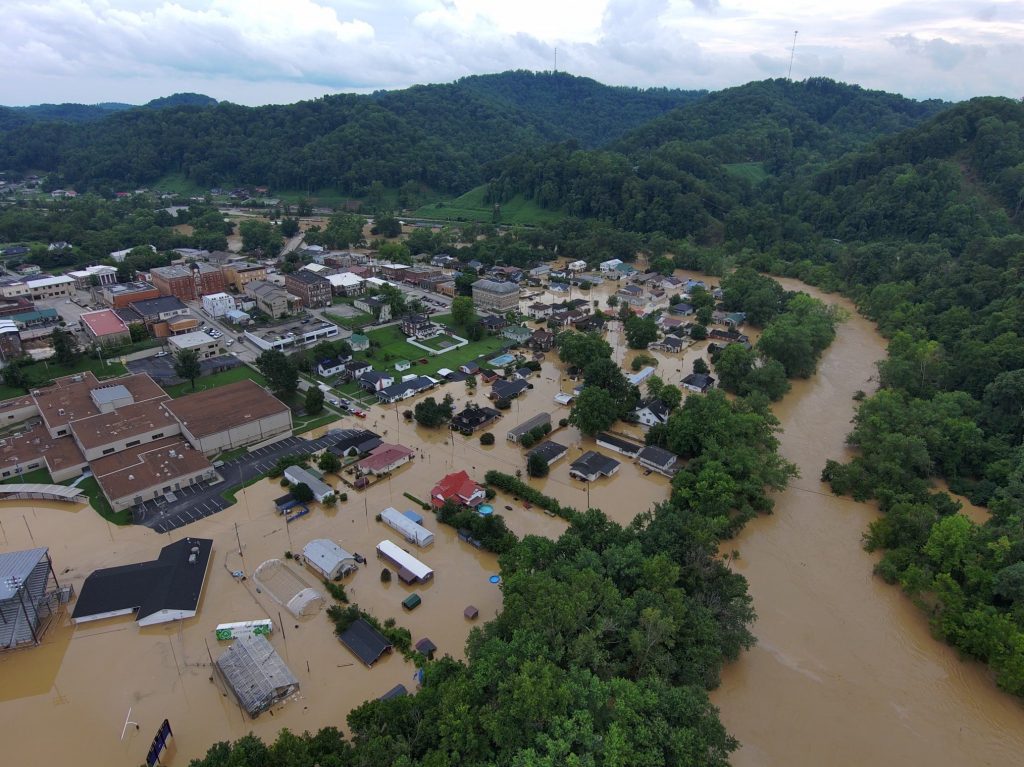 aerial view of community flooded in Eastern Kentucky