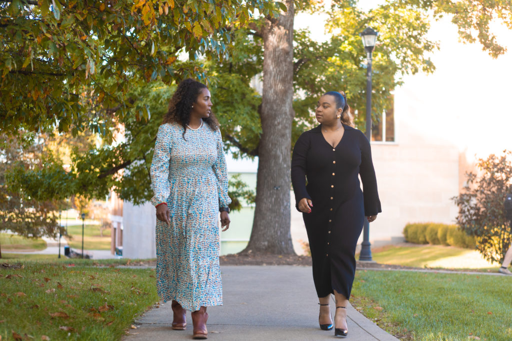 Lyman T. Johnson award recipients Laneshia Conner and Aniyah Maxey walk and talk on UKs campus.
