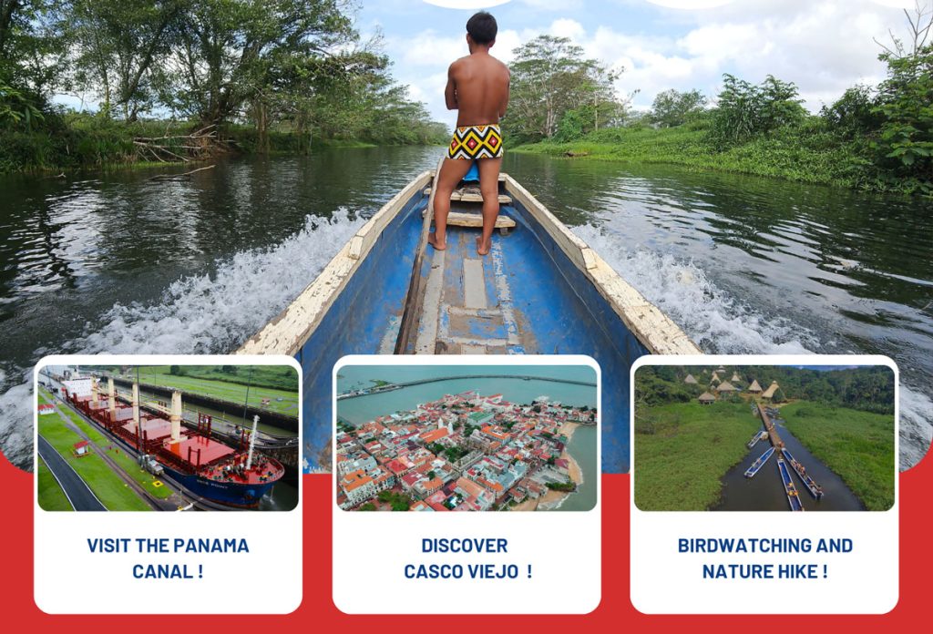 Man on a boat in Panama going down a river with other photo highlights of the Panama Program.